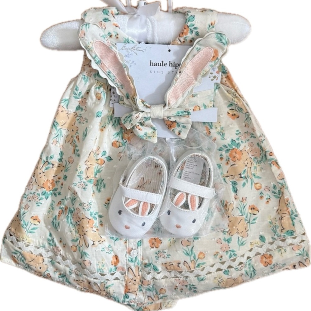 Haute Hippie Baby Girl Easter Dress W/Shoes, Bunny Ear Headband & Diaper Cover